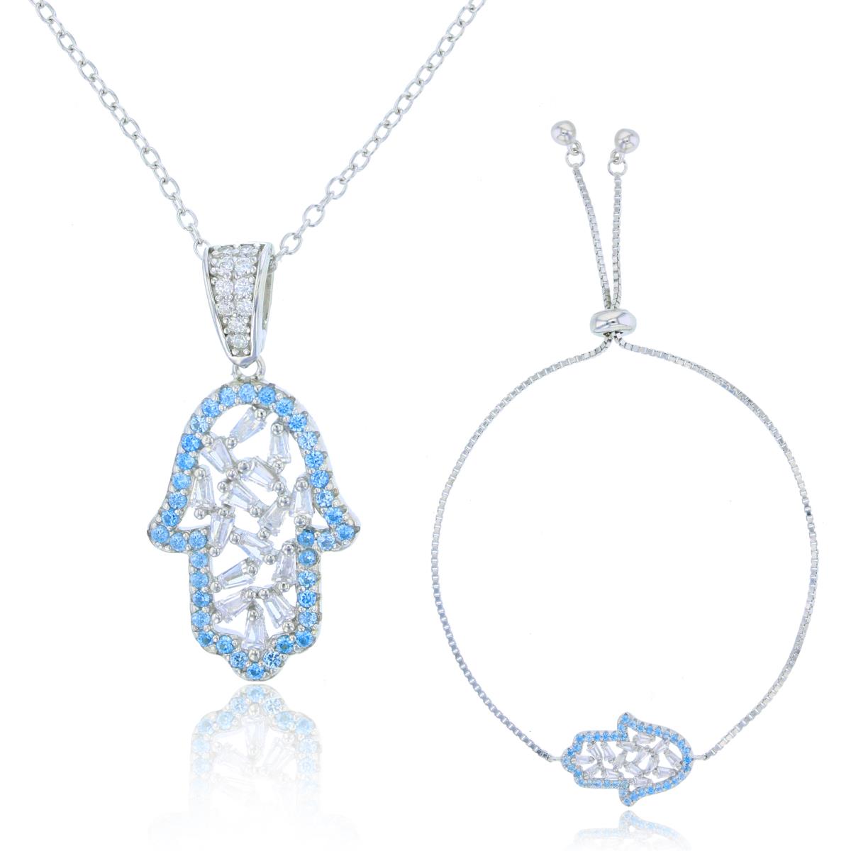 Sterling Silver Rhodium Blue Appatite & White CZ Hamsa 18" Necklace & Bracelet Set