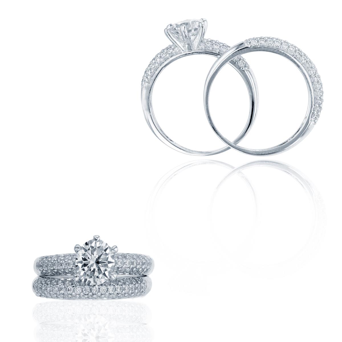 14K White Gold 6mm Round Cut & 3-Row Micropave Wedding Duo Rings