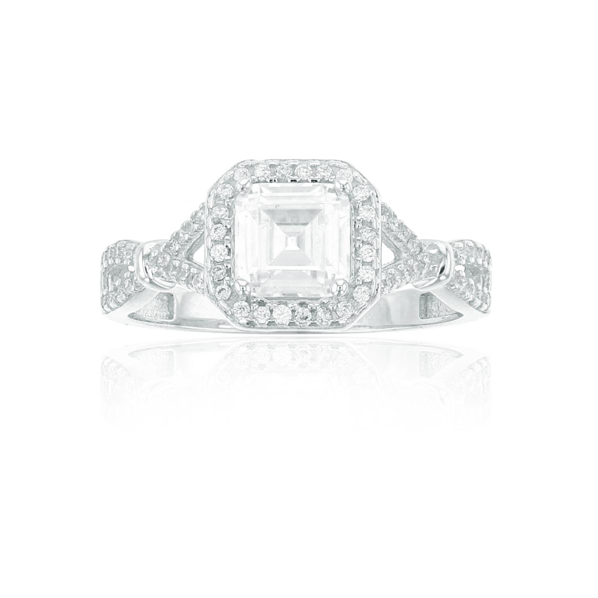 14K White Gold 6mm Asscher Cut CZ Halo Twisted Sides Engagement Ring
