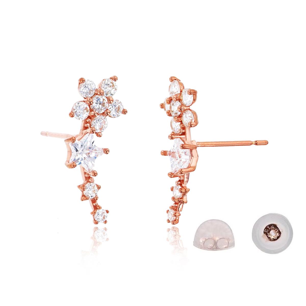 10K Rose Gold Rnd & 4mm Star CZ Curve Ear Crawler with Silicone Back