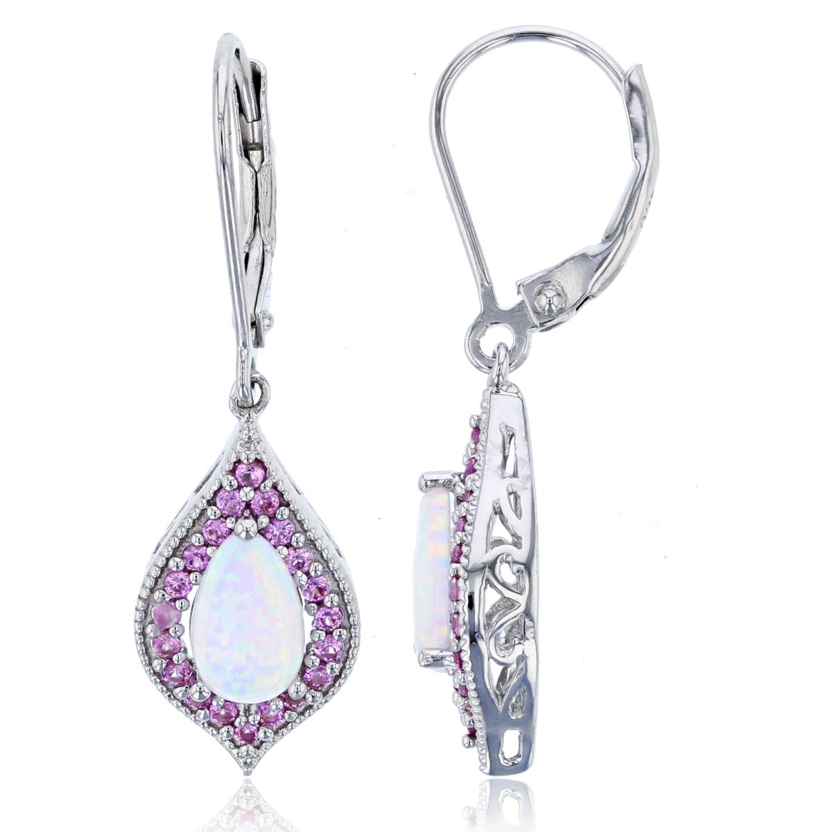 14K White Gold 8x5mm PS Opal & 1.25mm Amethyst Milgrain MQ-Dangling Earring