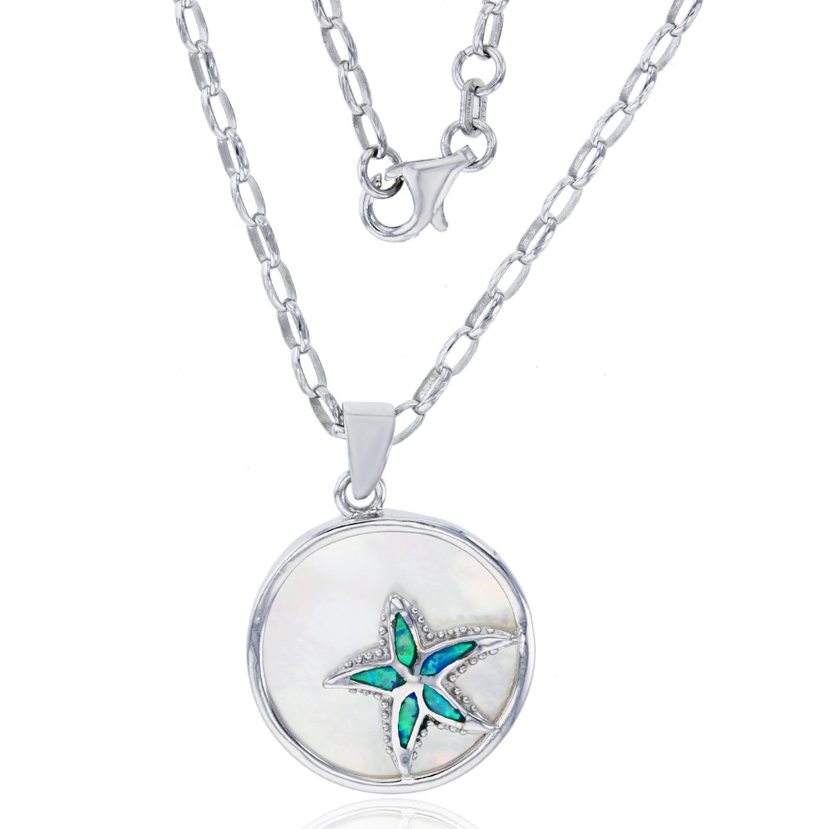 Sterling Silver Rhodium Rd MOP Plate with Cr Opal Star 18" Oval Rolo Chain Necklace
