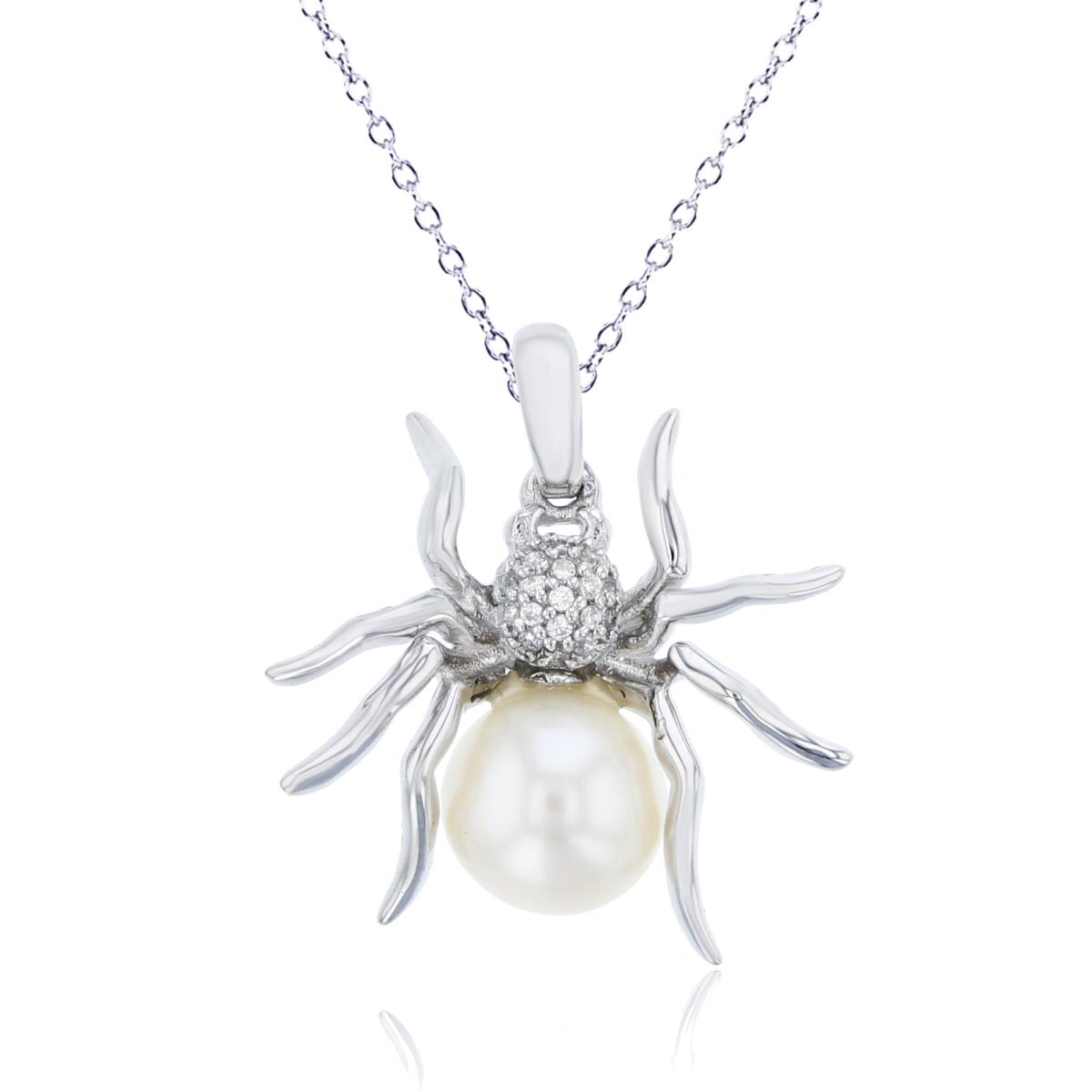 14K White Gold  0.034cttw Rnd Diamonds & 7mm Rnd White Pearl Spider 18"Necklace