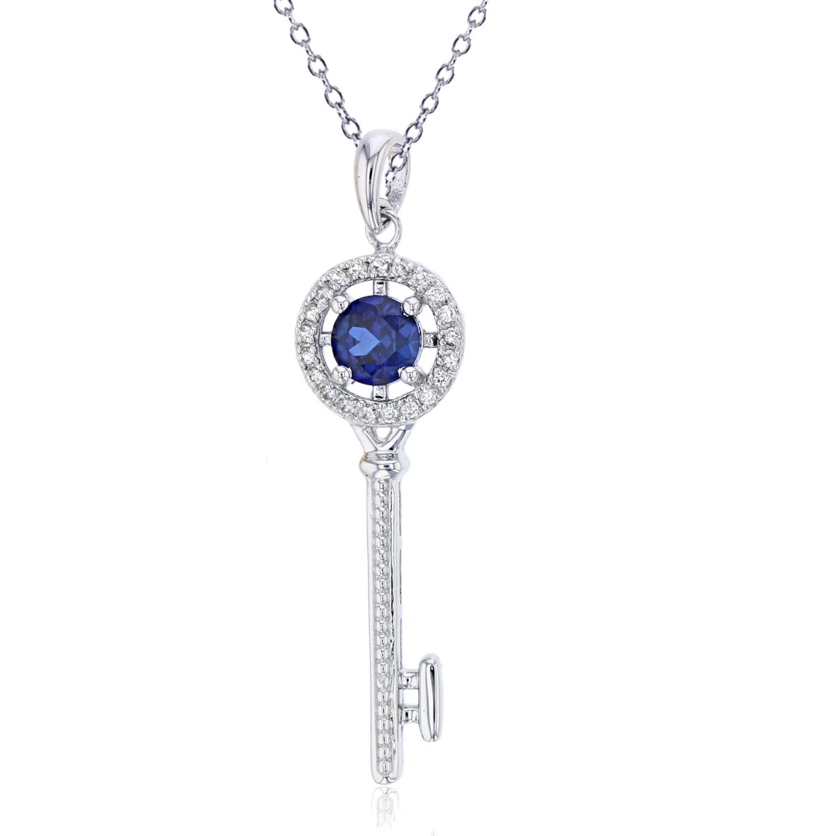 Sterling Silver Rhodium 0.11 CTTW Rnd Diamond & 5mm Rnd Created Blue Sapphire Key 18" Necklace