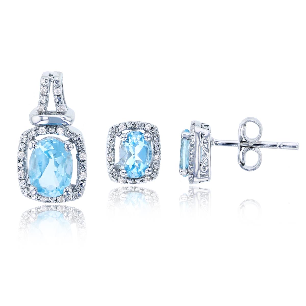 Sterling Silver Rhodium 0.02 CTTW Rnd Diamonds & Ov Swiss Blue Topaz Earrings/ 18"Necklace Set