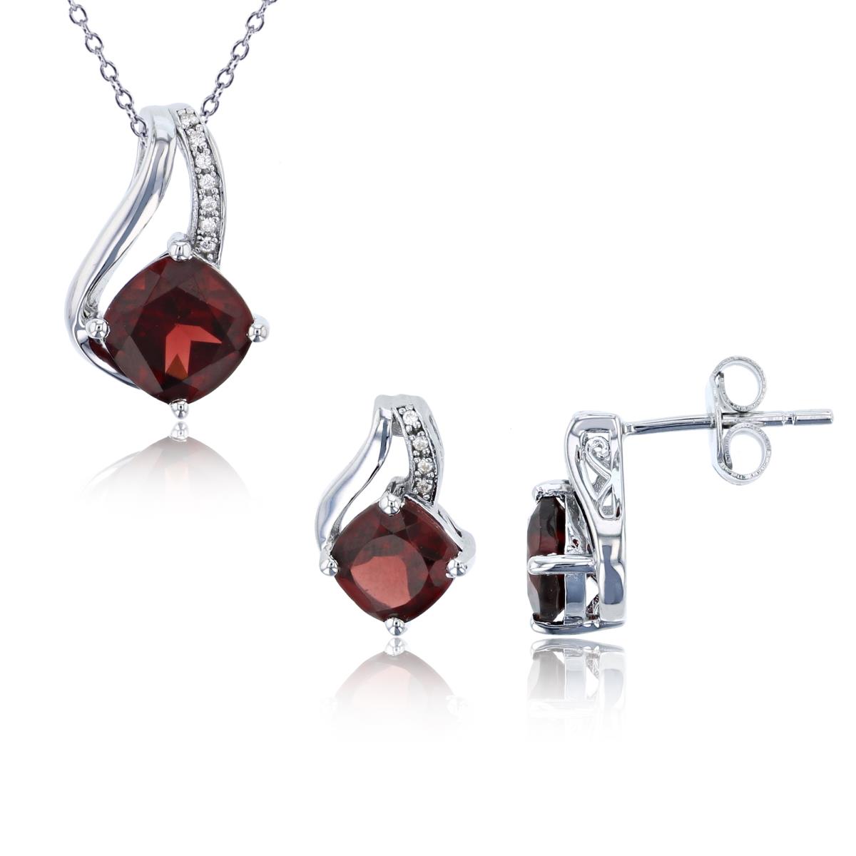 Sterling Silver Rhodium 0.02 CTTW Rnd Diam & Cush Garnet Earring & 18"Necklace Set