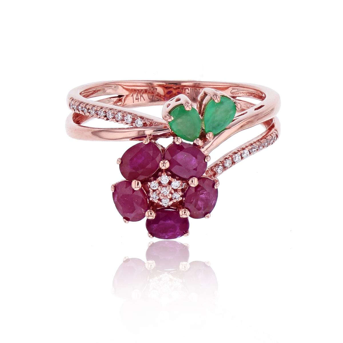 14K Rose Gold Rnd CZ & Ov Ruby/ PS Emerald Flower Ring