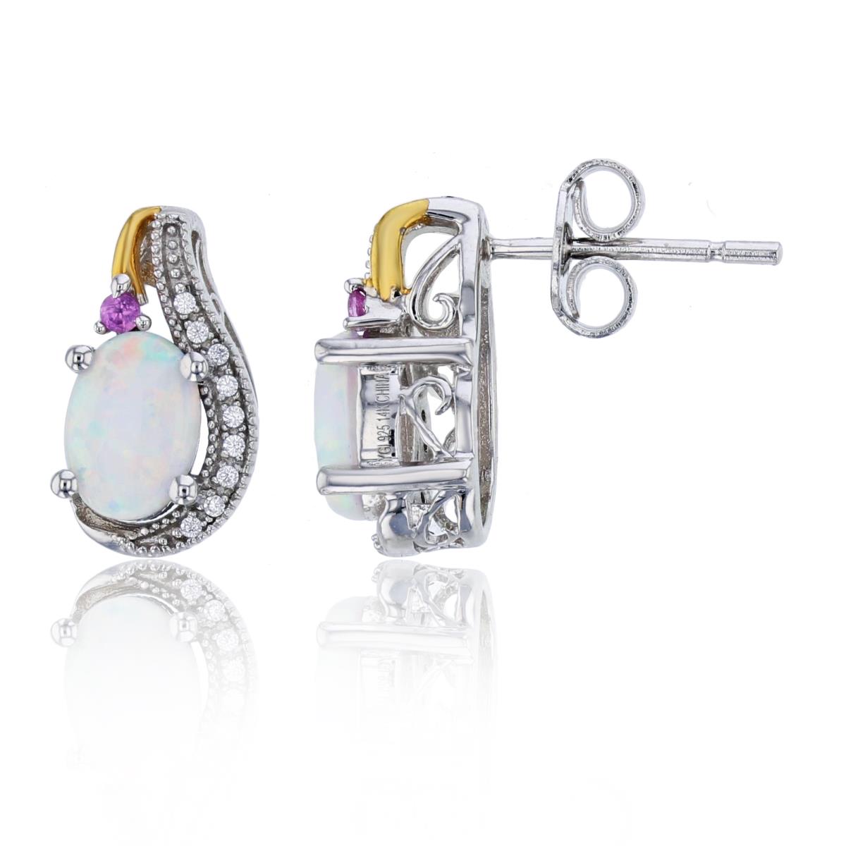 14K Yellow Gold & Sterling Silver Rhodium Rnd CZ & Ov Created Opal/Pink Sapphire Stud Earring