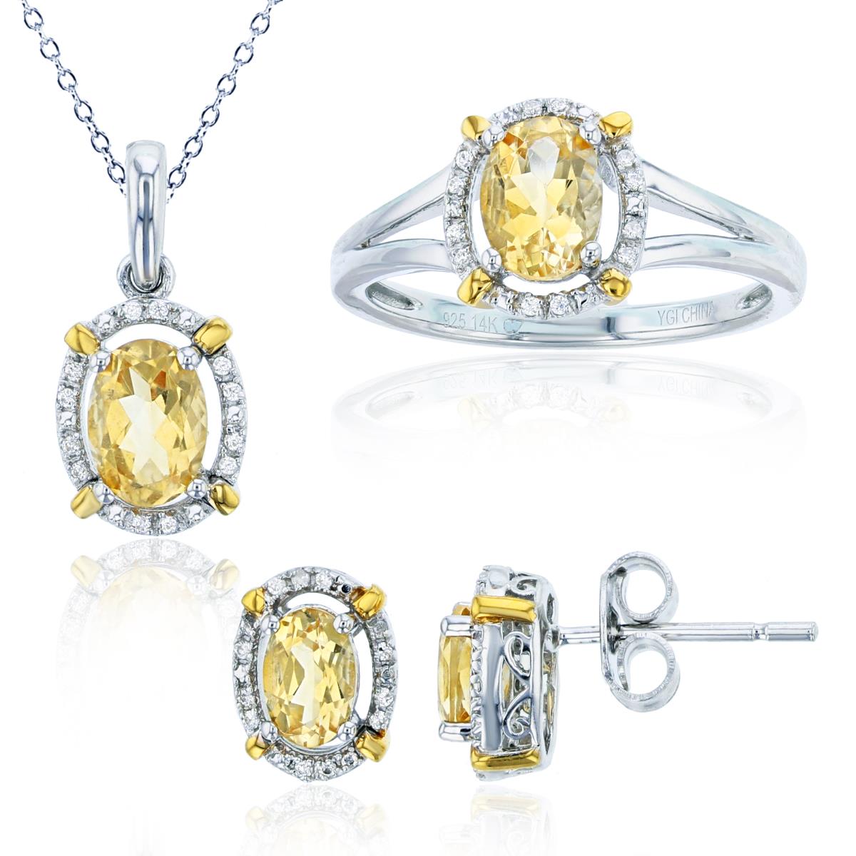 14K Yellow Gold & Sterling Silver Rhodium Rnd CZ & Ov Citrine Ring/ Earrings/ 18"Necklace Set
