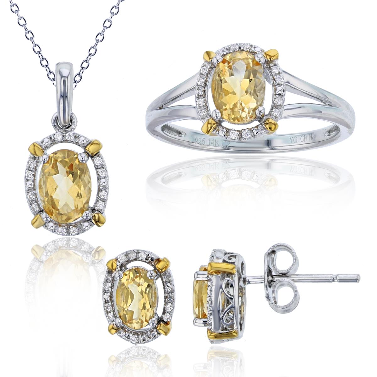 14K Yellow Gold & Sterling Silver Rhodium 0.14 CTTW Rnd Diamonds & Ov Citrine Ring/ Earrings/ 18"Necklace Set