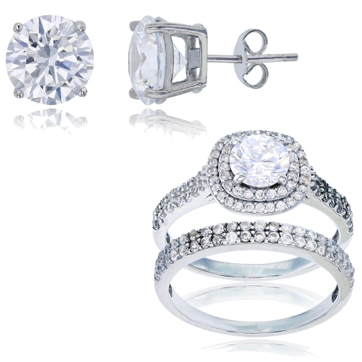 Sterling Silver Rhodium 6mm Rnd Double Halo Micropave Duo Rings & 8mm Rd Solitaire Stud Earring Set
