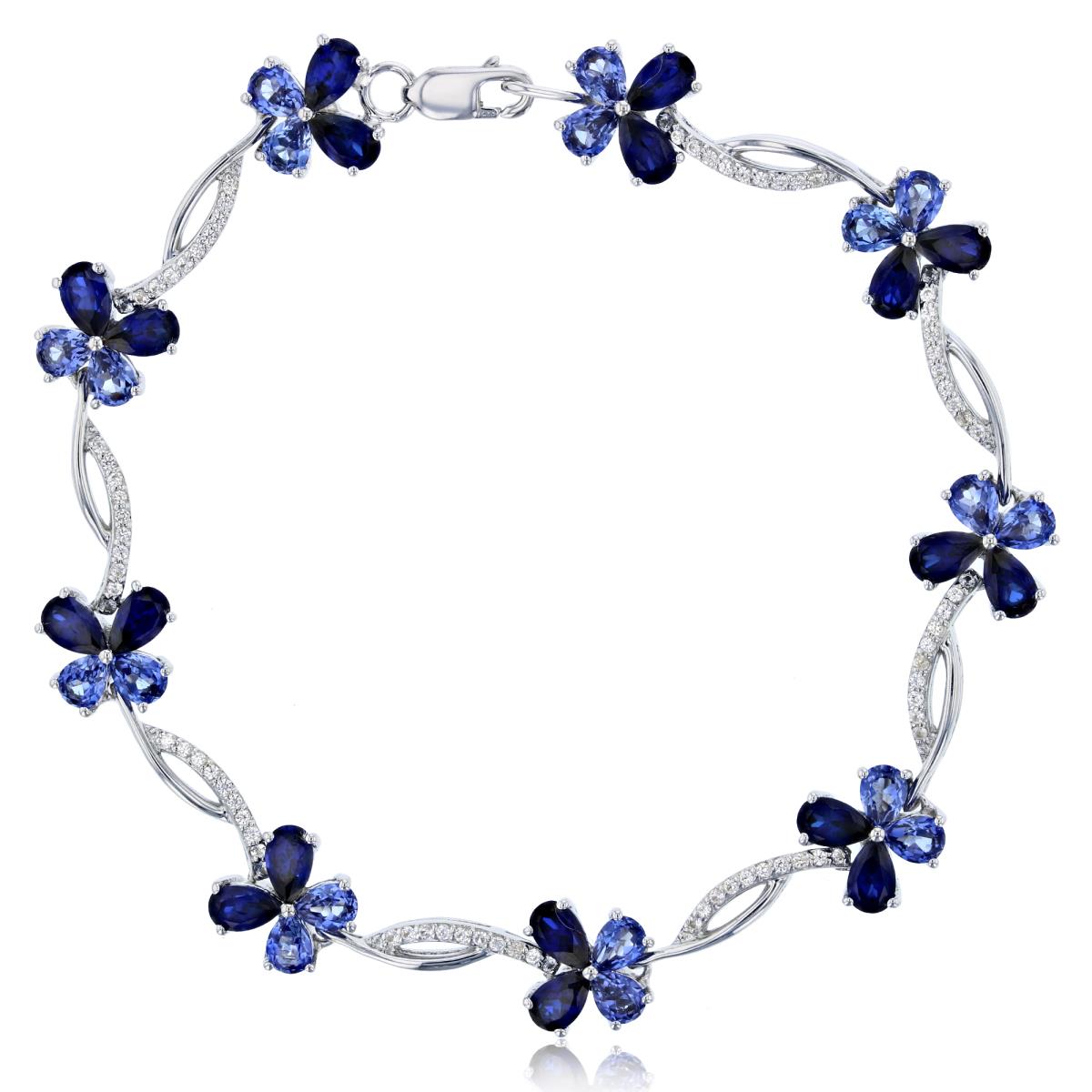 Sterling Silver Rhodium PS Created Blue & Ceylon Blue Sapphire & Rnd Cr.White Sapphire Flower Bracelet