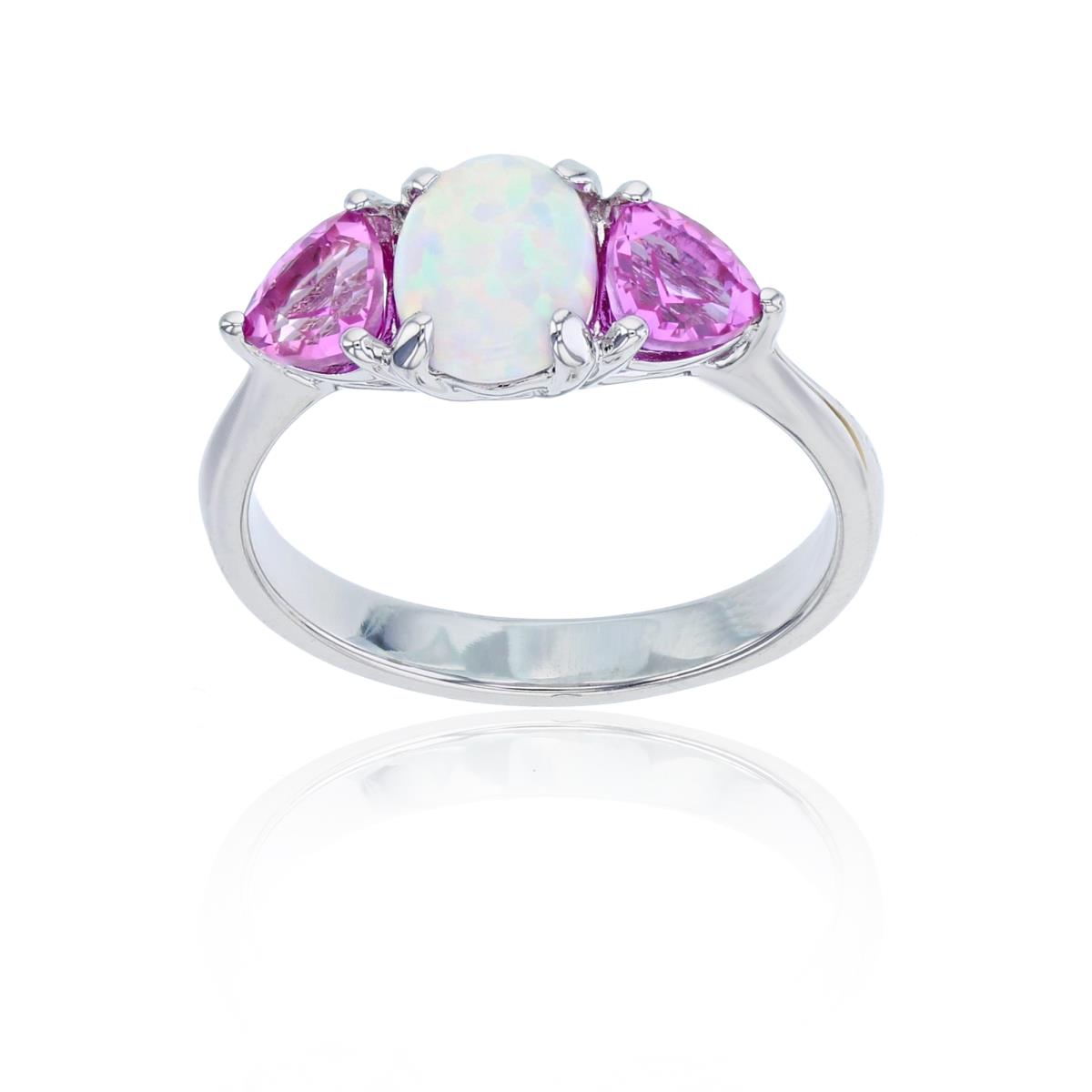  10K White Gold 8x6mm Ov Opal & 5mm Trill Pure Pink Ring