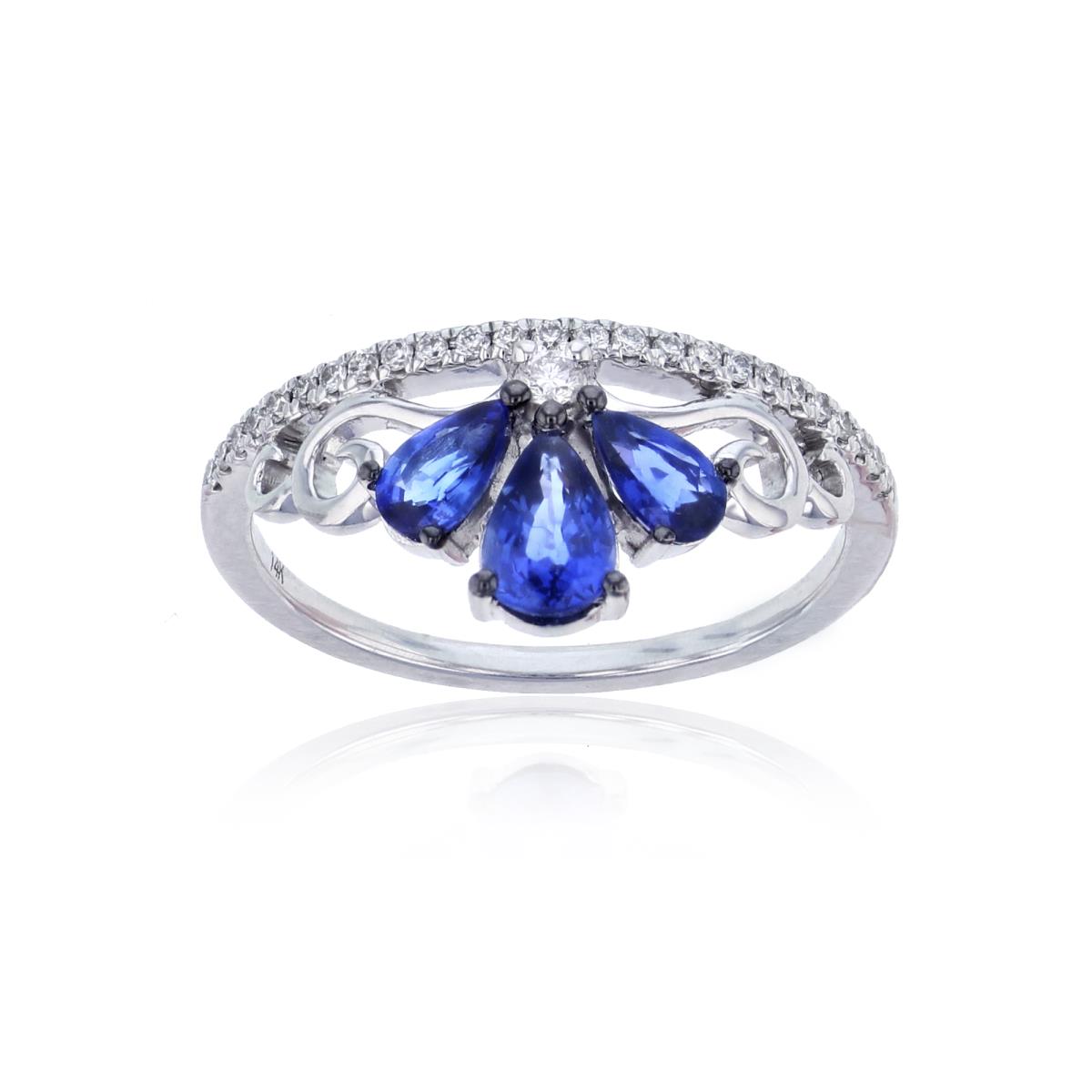 14K White Gold Rnd CZ & PS Blue Sapphire 3-stones Ring