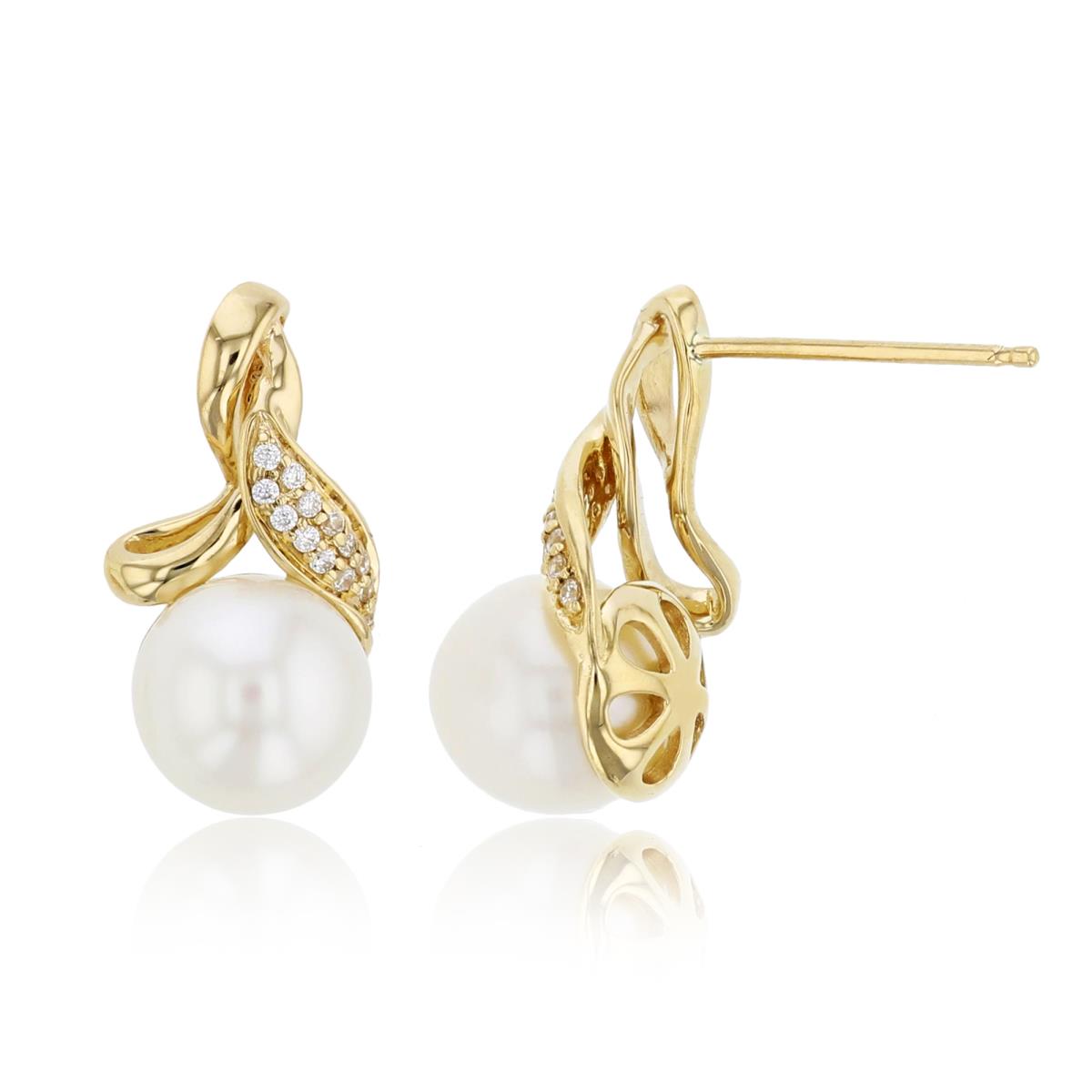 14K Yellow Gold 0.05 CTTW Rnd Diamonds & 7mm Rnd White Pearl  Earring