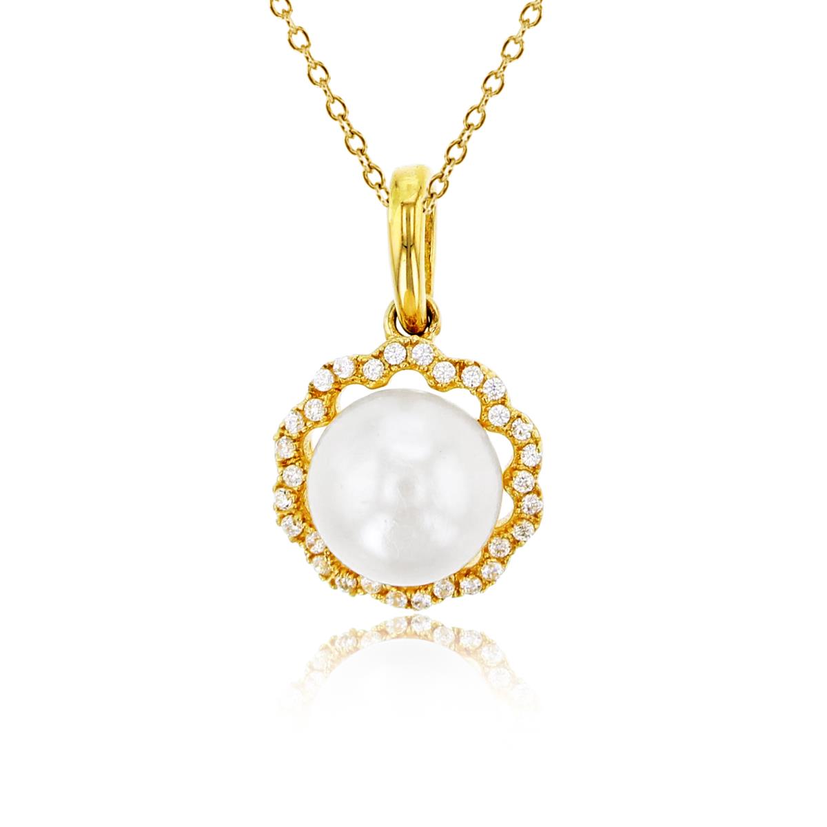 10K Yellow Gold 0.10 CTTW Rnd Diamonds & 7mm Rnd White Pearl Flower 18"Necklace