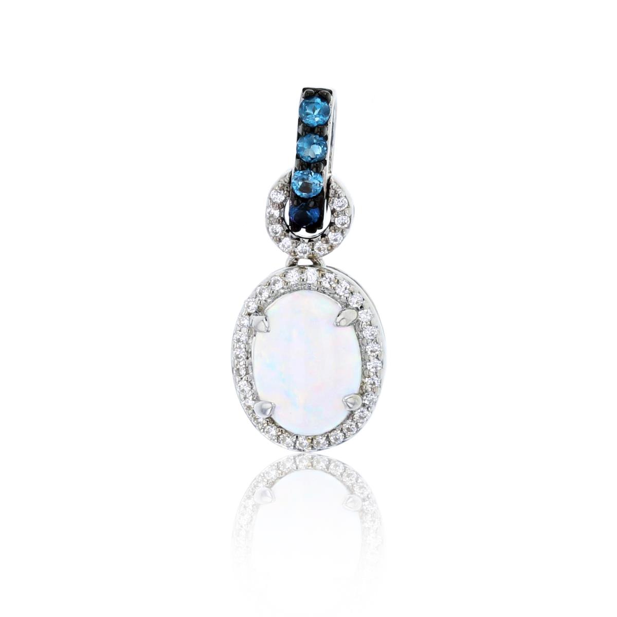 Sterling Silver Rhodium 0.08 CTTW Rnd Diamond & 8x6mm Ov Opal/ Rnd London Blue Topaz  18"Necklace
