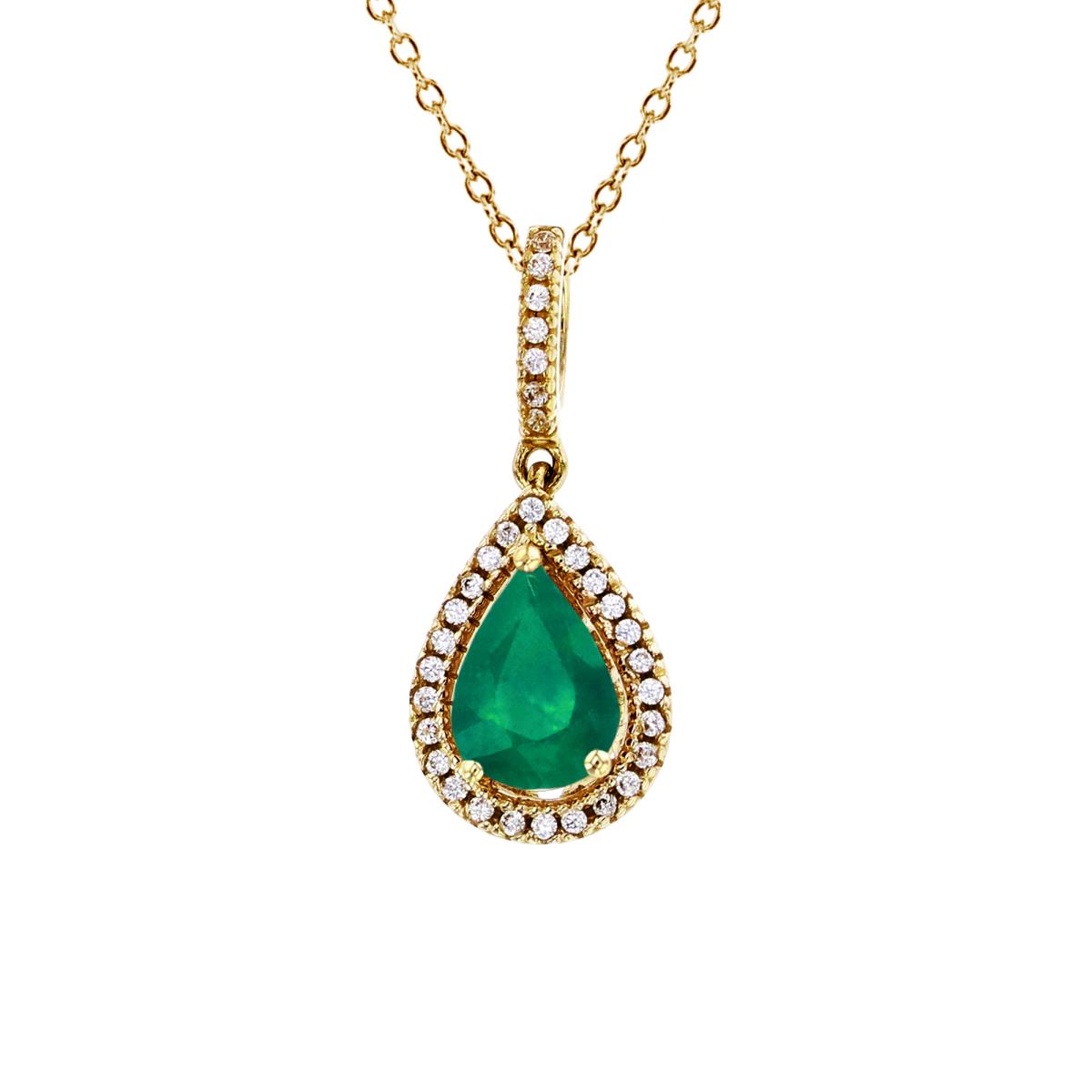 14K Yellow Gold 0.10 CTTW Rnd Diamonds & 7x5mm PS Emerald Halo 18"Necklace