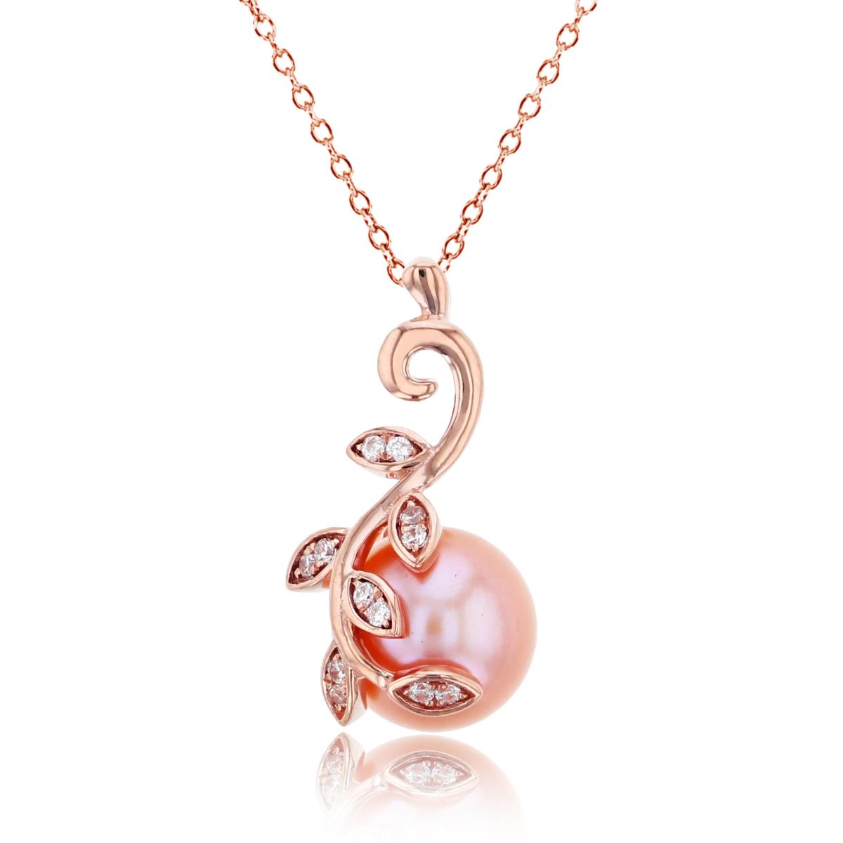 10K Rose Gold 0.05 CTTW Rnd Diam & 8mm Rnd Pink Pearl with Leaves 18"Necklace