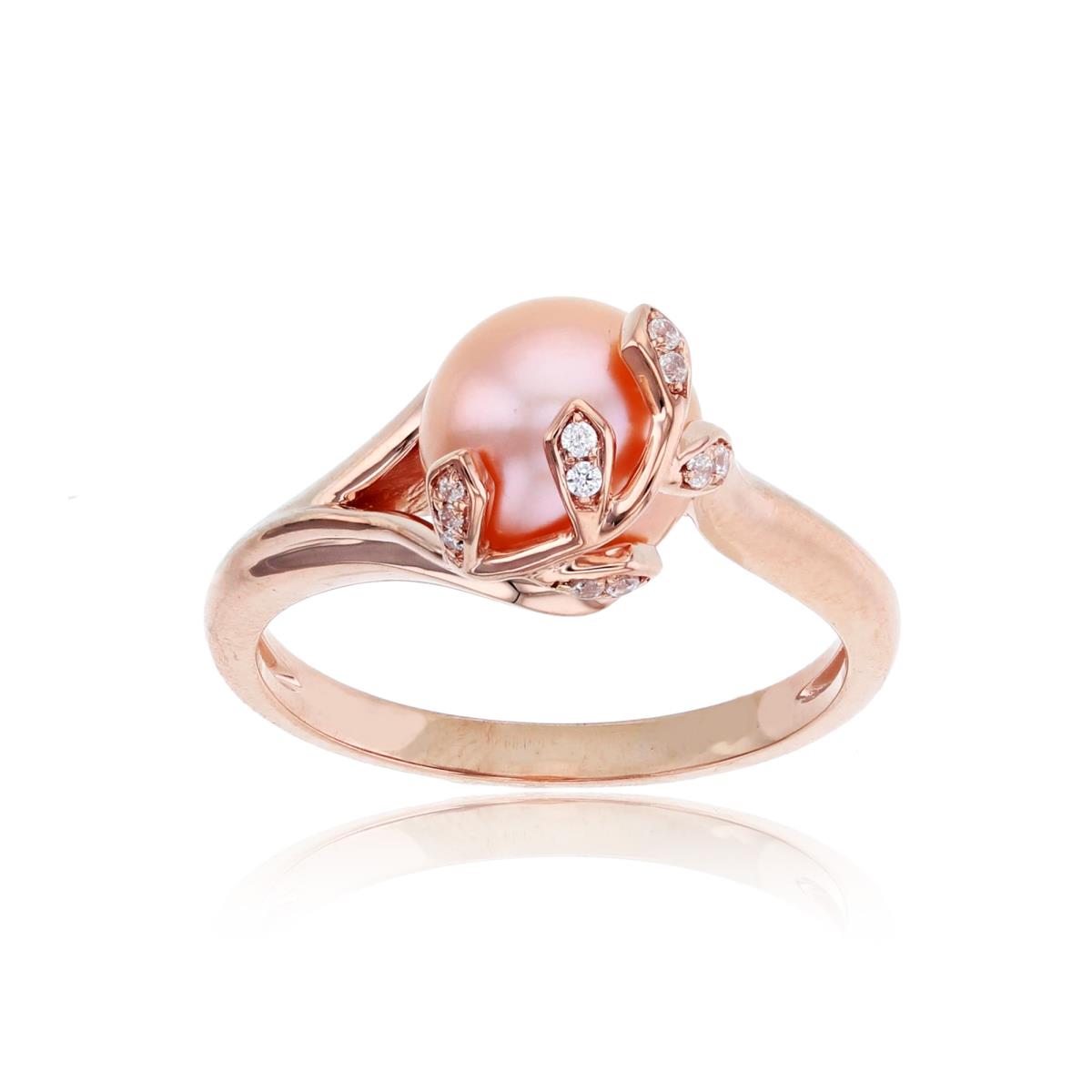 14K Rose Gold 0.05 CTTW Rnd Diam & 8mm Rnd Pink Pearl with Leaves Ring