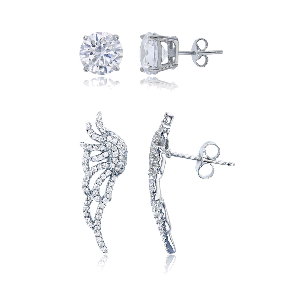 Sterling Silver Rhodium Micropave CZ Wing Ear Climber & 8mm Rd Solitarie Stud Earring Set