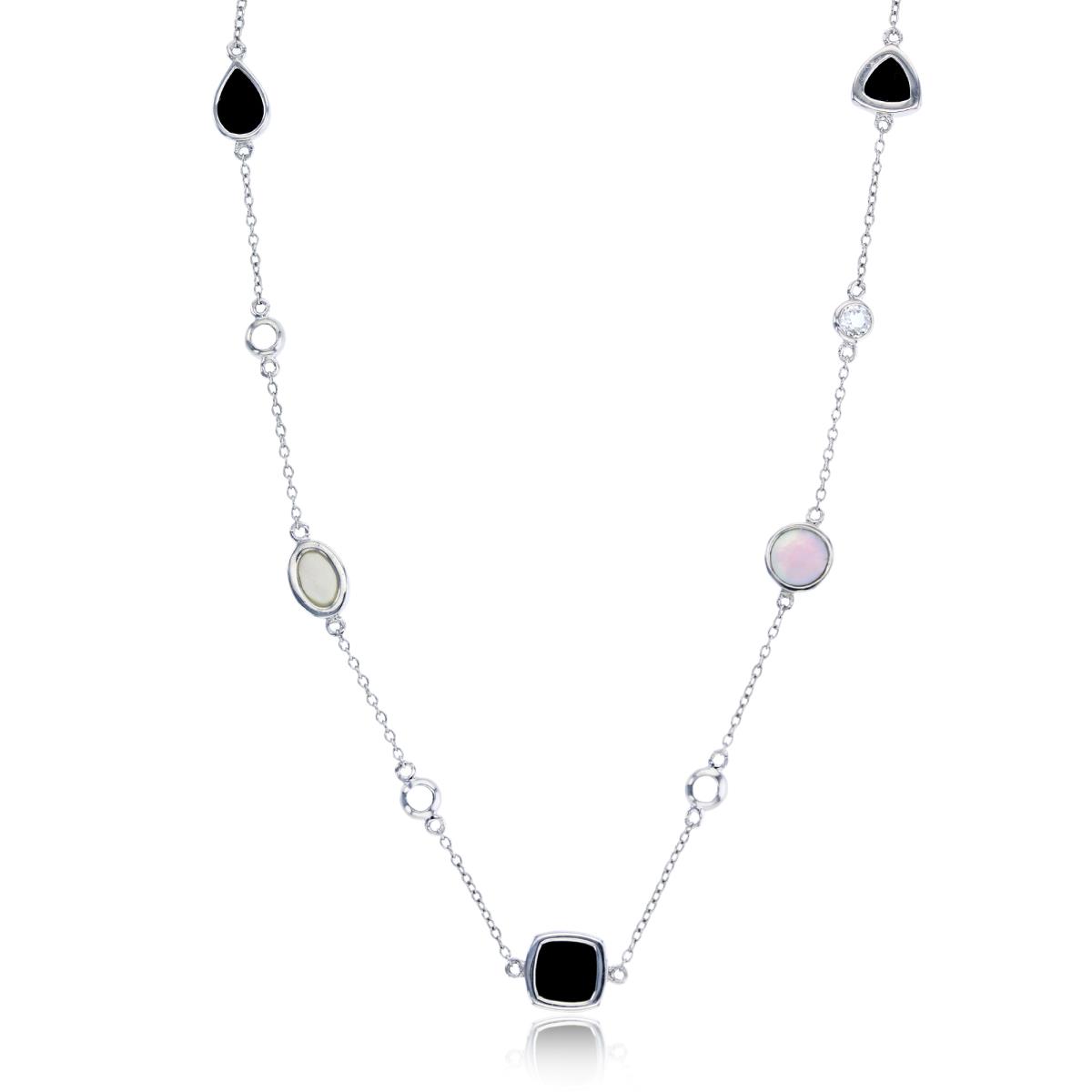 14K White Gold Inlay Onyx/ Wh Mop/Wh Topaz Bezel Station 18"+2"ext Necklace