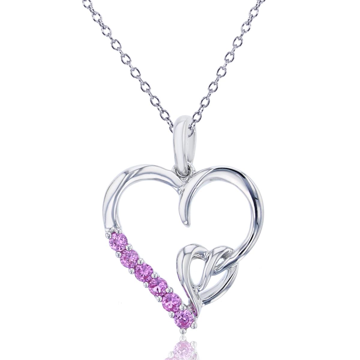14K White Gold 2mm Rnd Pink Sapphire Big/Small Open Hearts 18"Necklace