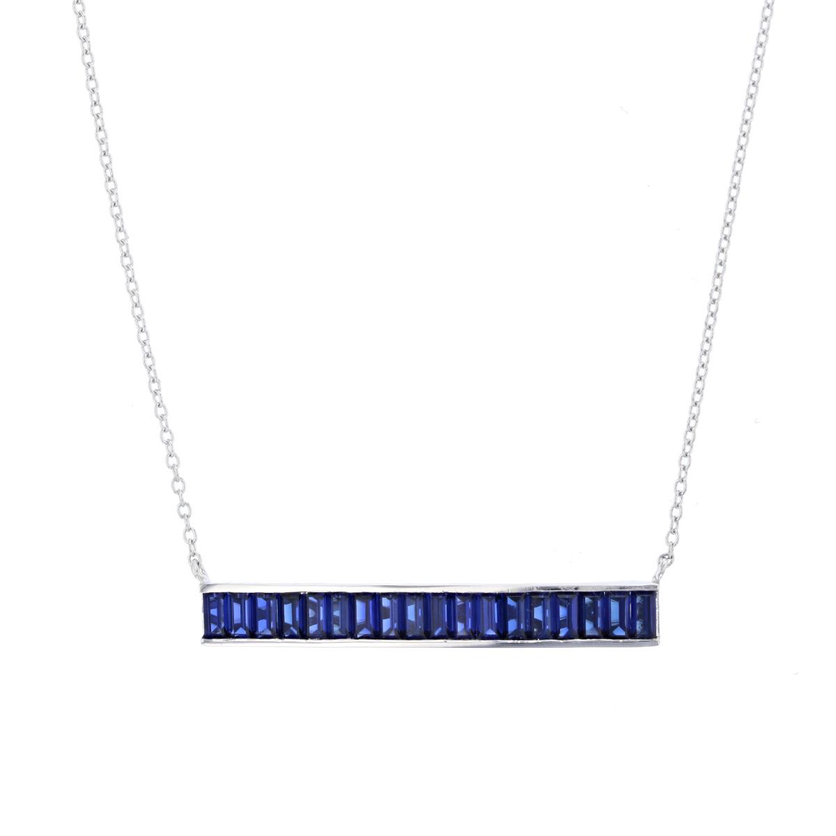 10K White Gold & 4X2mm Cr Blue Sapphire Horizontal Bar Necklace