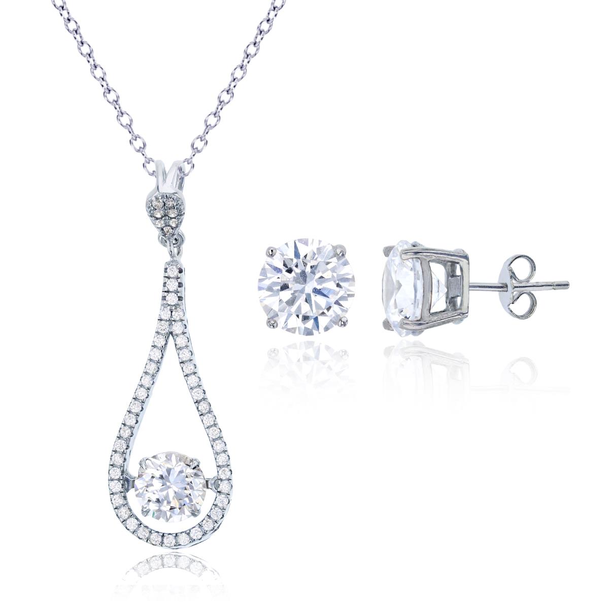Sterling Silver Rhodium Rd CZ Teardrop 18" Necklace & 8mm Rd Solitaire Earring Set