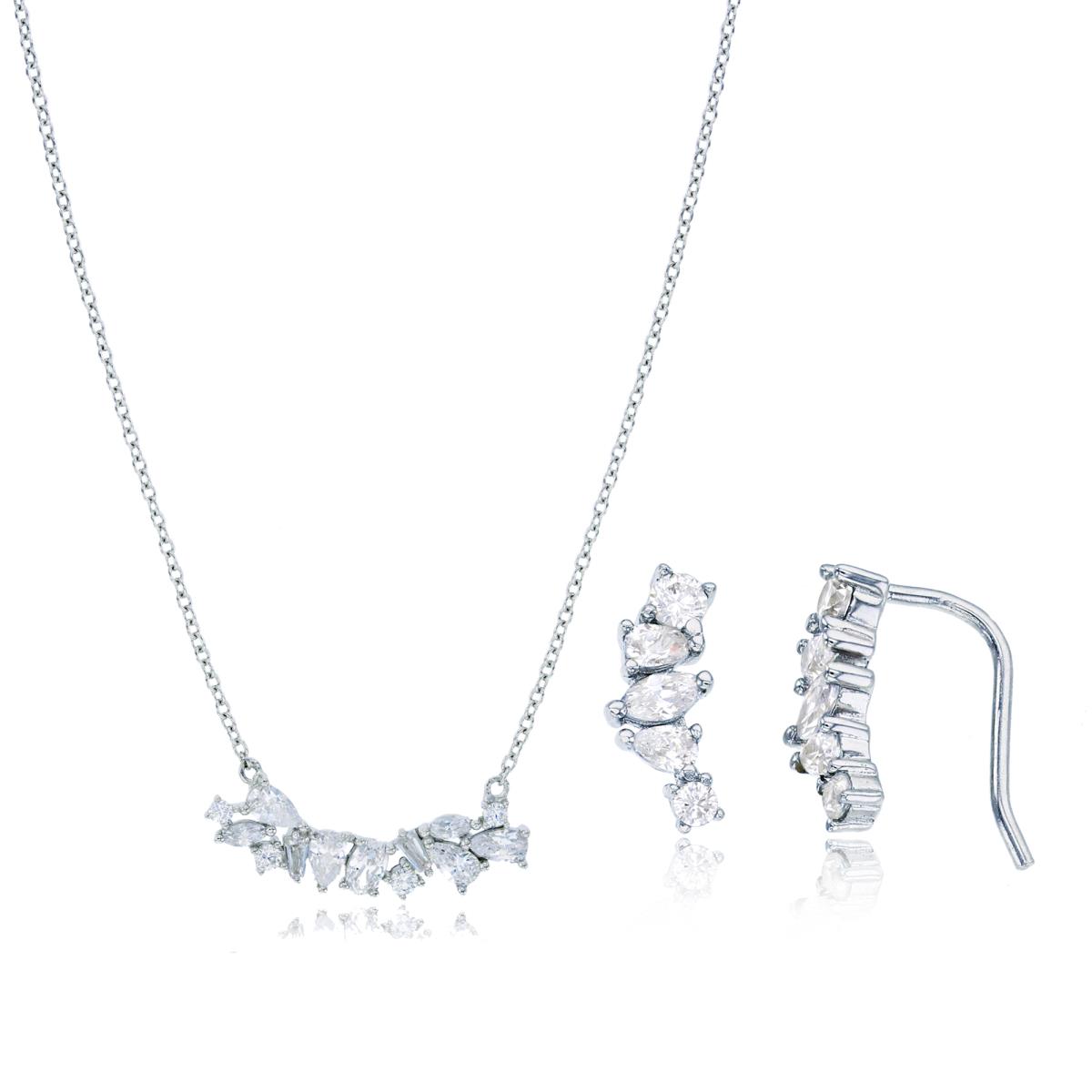 Sterling Silver Rhodium Multishape White CZ Scattered 16"+2" Necklace & Earring Set