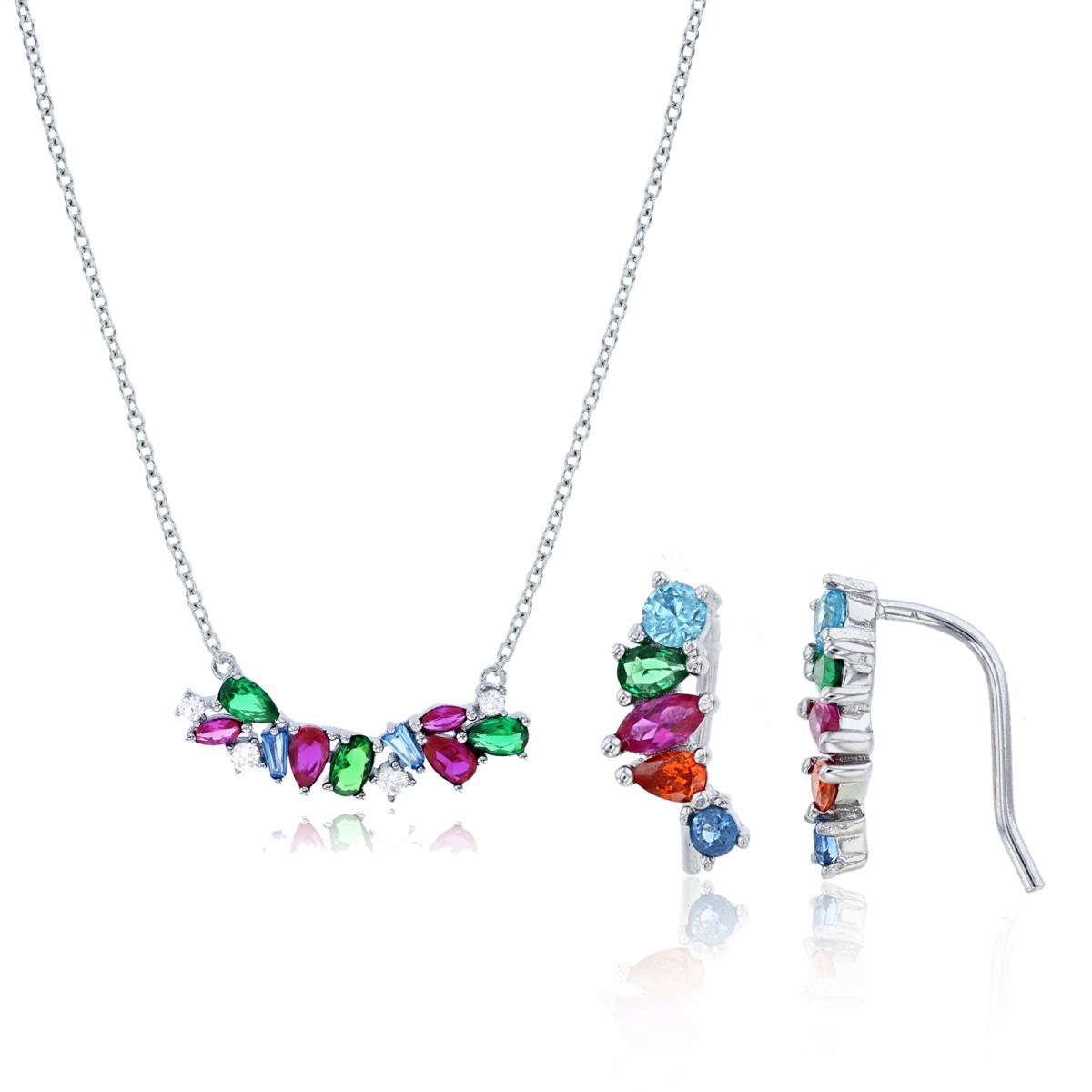 Sterling Silver Rhodium Multicolor Multishape White CZ Scattered 16"+2" Necklace & Earring Set
