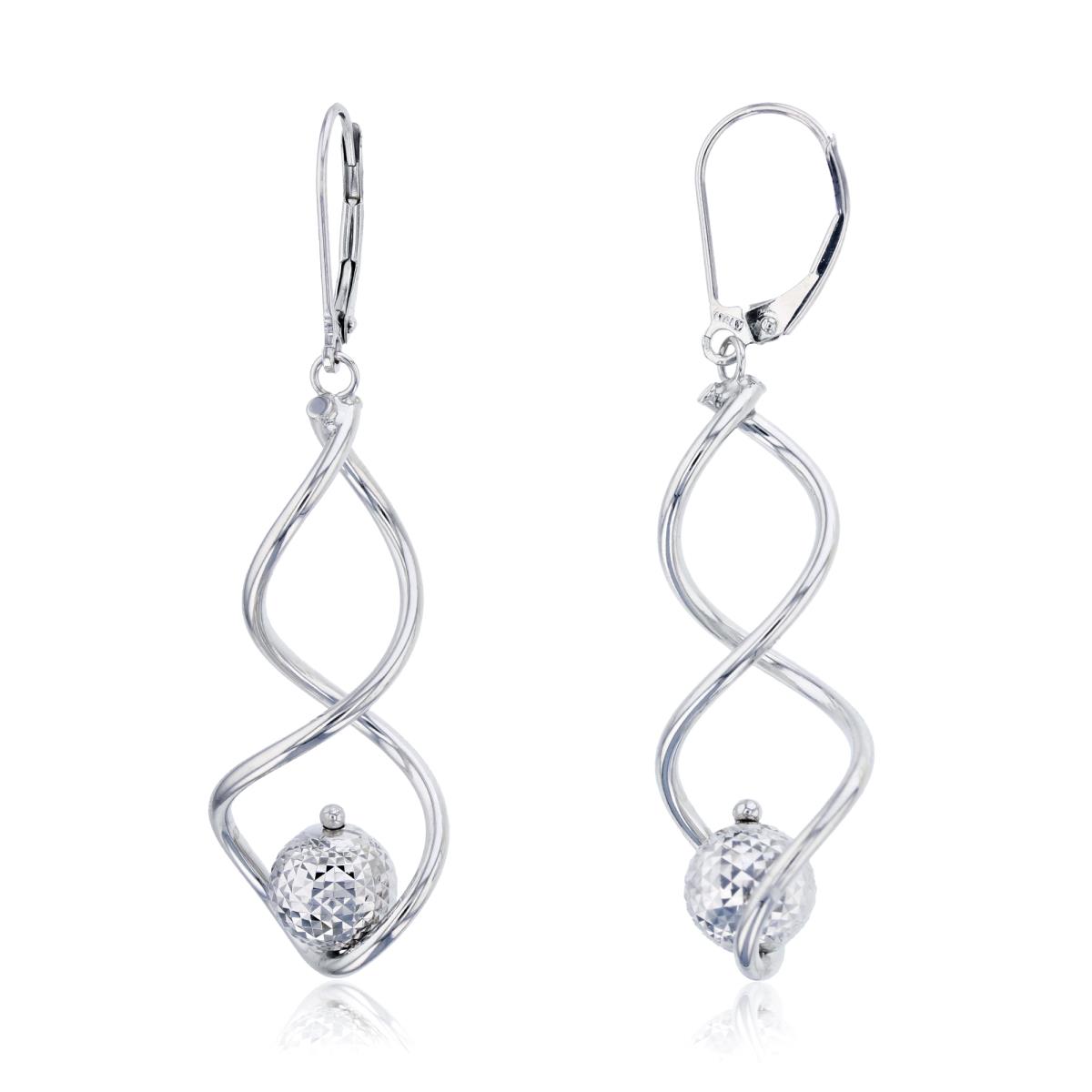 14K White Gold Diamond Cut 8mm Ball & Polished Swirl BypassTube Dangling Earring