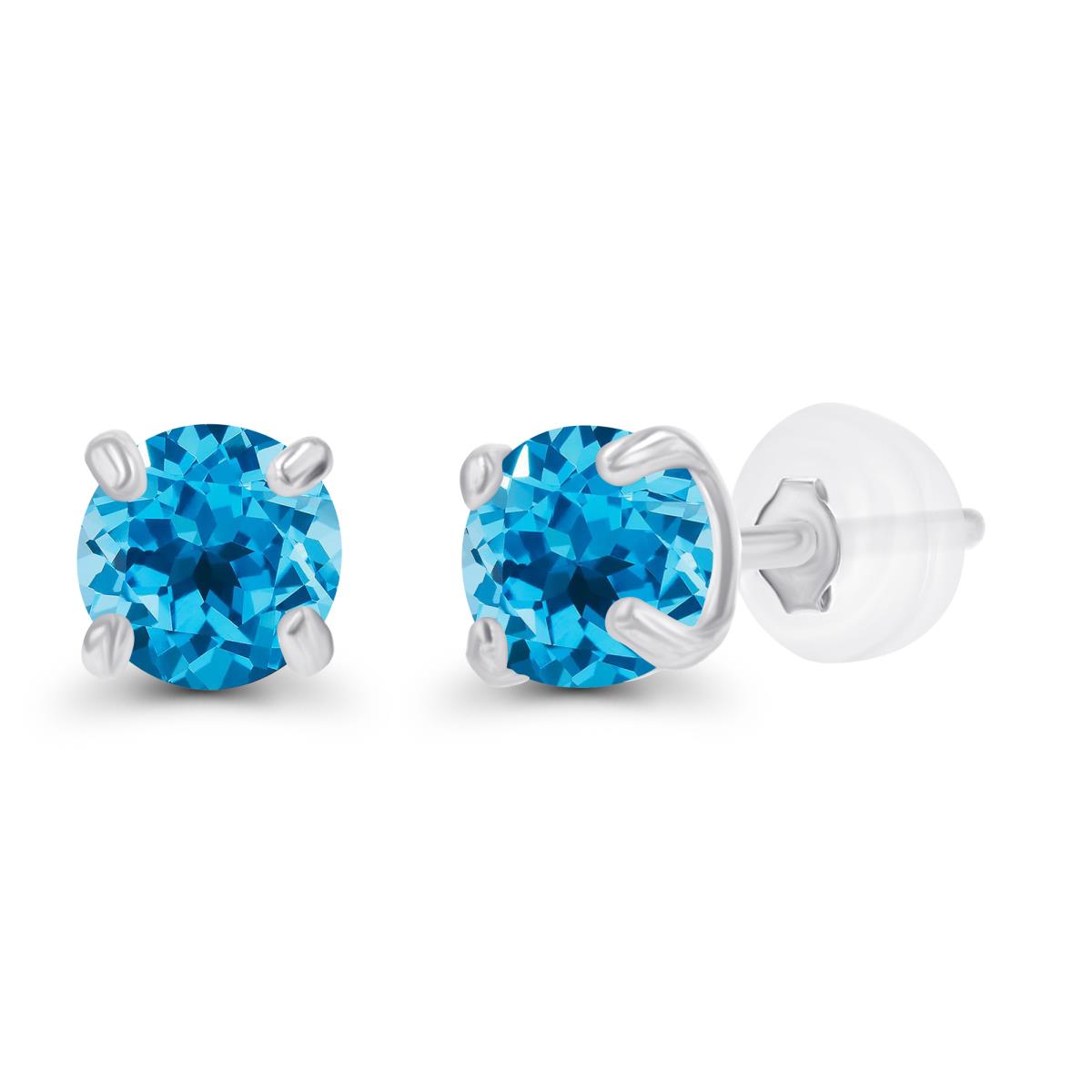 14K White Gold 3mm Round Swiss Blue Topaz Stud Earring with Silicone Back