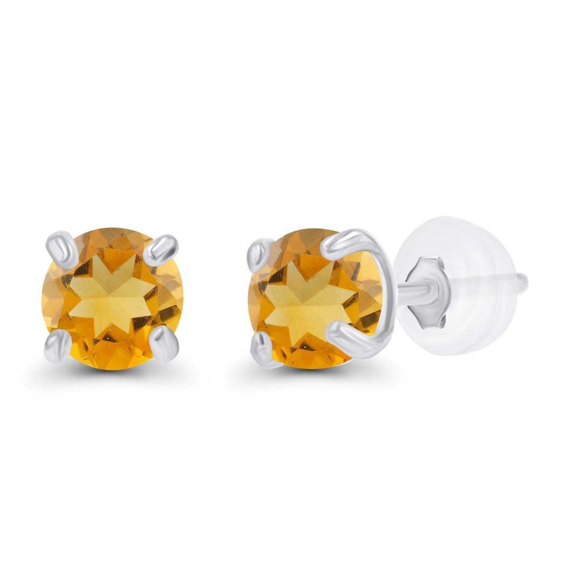 14K White Gold 3mm Round Citrine Stud Earring with Silicone Back