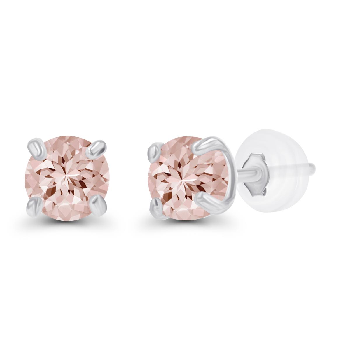 14K White Gold 3mm Round Morganite Stud Earring with Silicone Back
