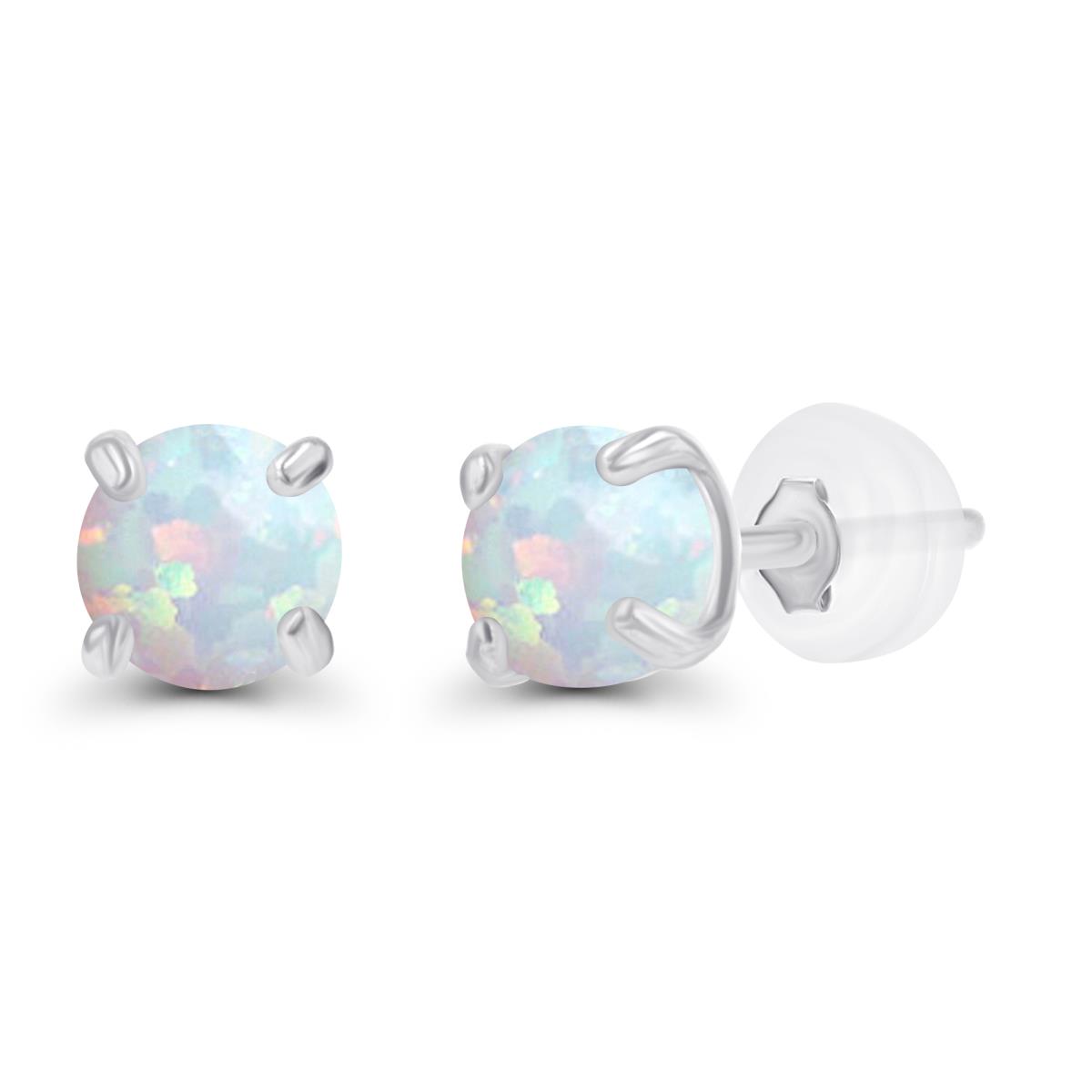 14K White Gold 3mm Round Cr Opal Stud Earring with Silicone Back