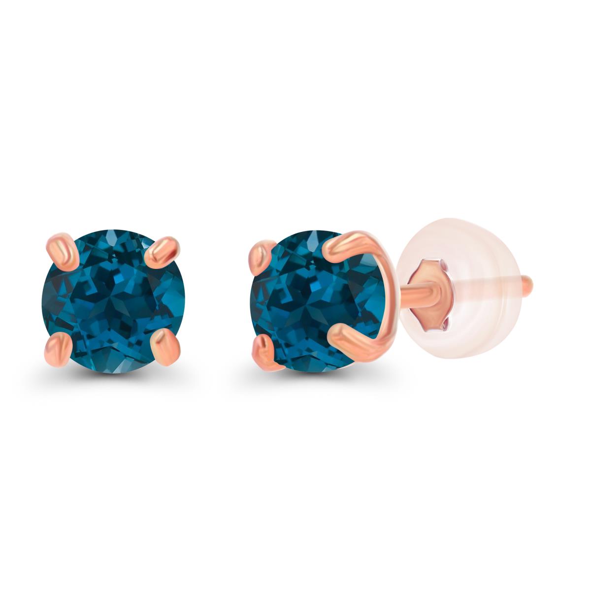 14K Rose Gold 3mm Round London Blue Topaz Stud Earring with Silicone Back