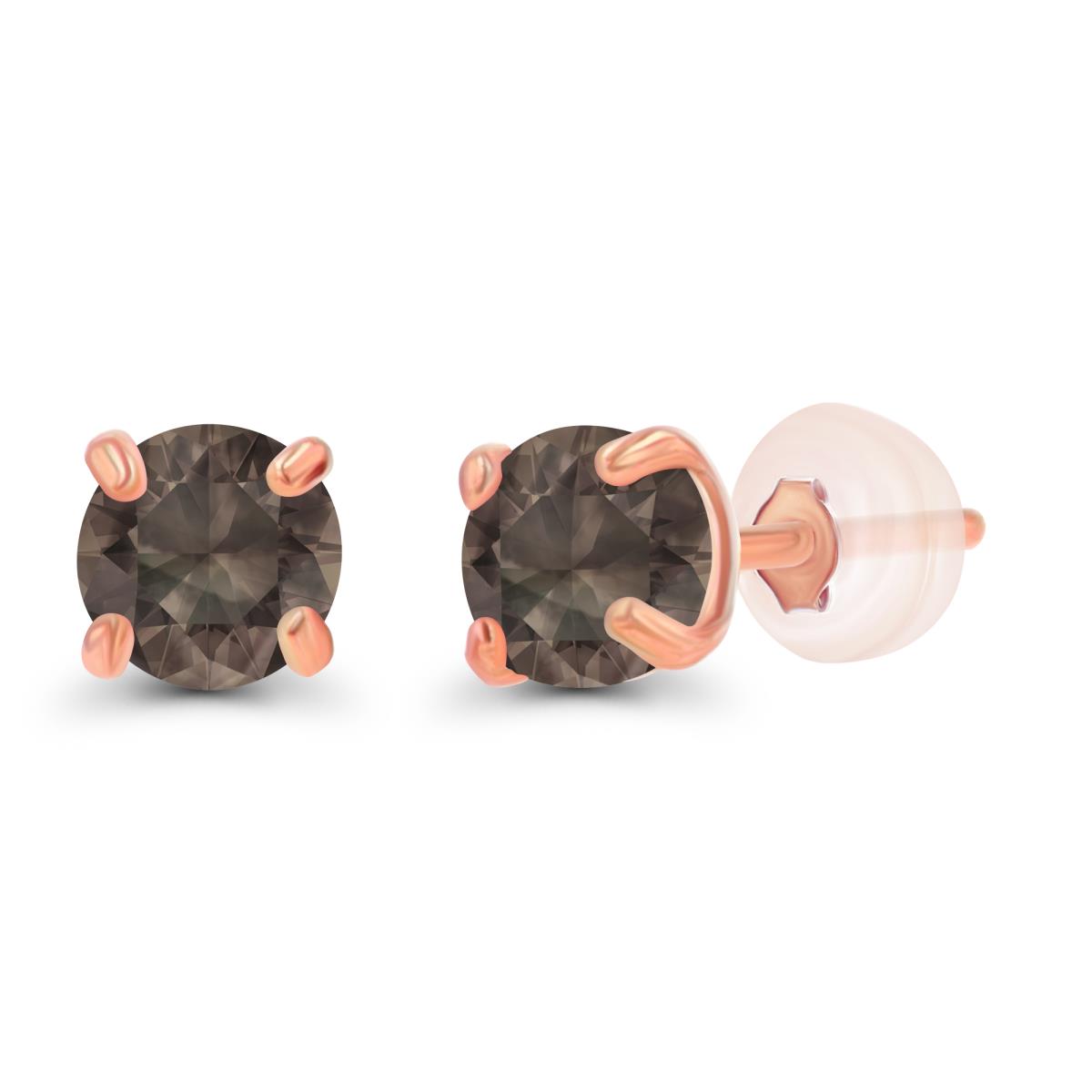 14K Rose Gold 3mm Round Smokey Quartz Stud Earring with Silicone Back