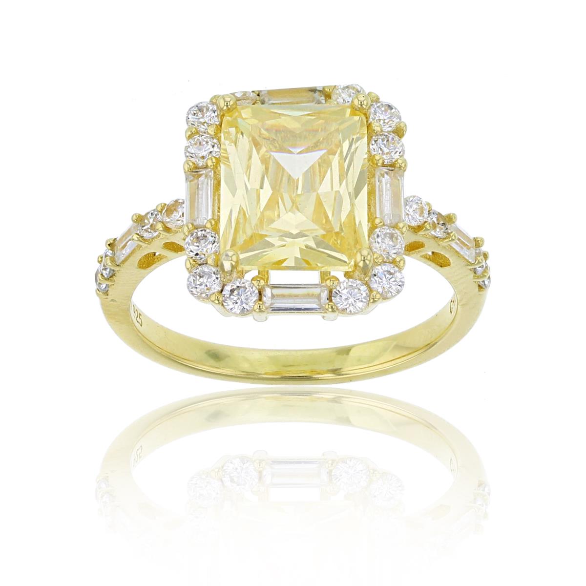 Sterling Silver Yellow 1-Micron 10x8mm Canary Yellow Emerald Cut with Rd & Bgt CZ Engagement Ring