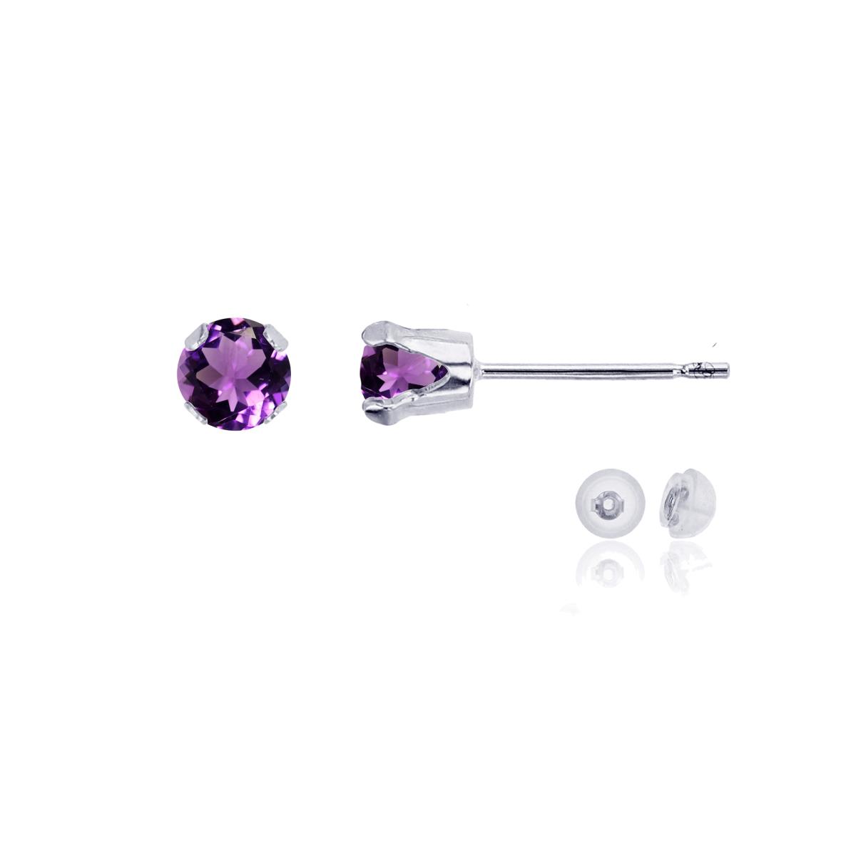 14K White Gold 4mm Round Amethyst Stud Earring with Silicone Back