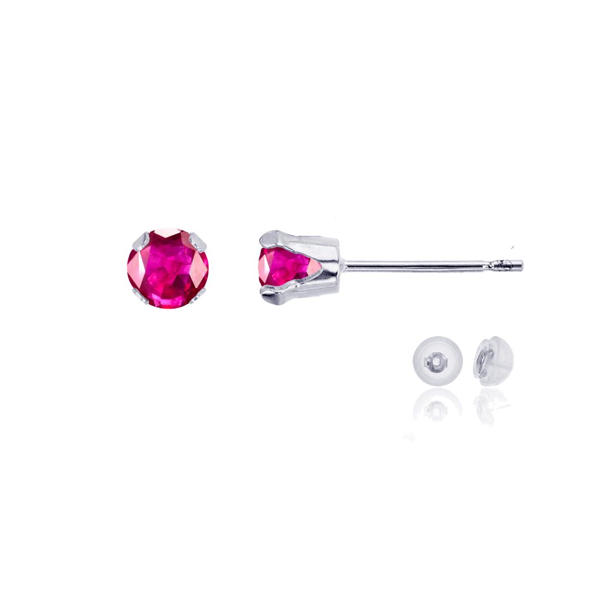 14K White Gold 4mm Round Cr Ruby Stud Earring with Silicone Back