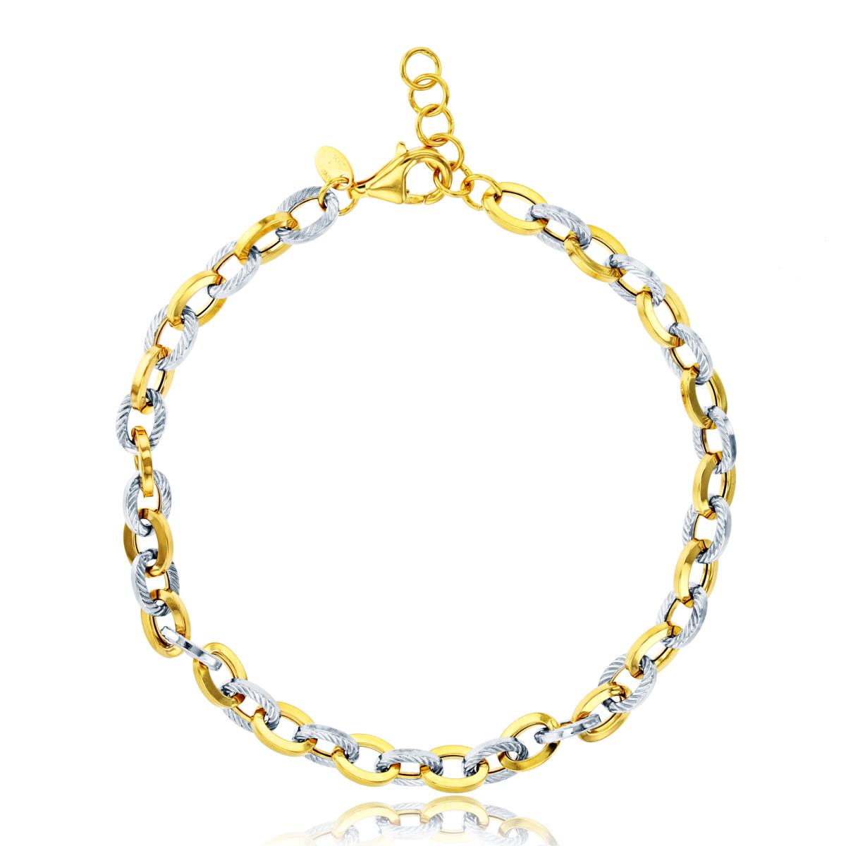 14K Two-Tone Gold Alternate Polished & Textured Open Oval Linked Italian 7.5"+0.75"ext Bracelet