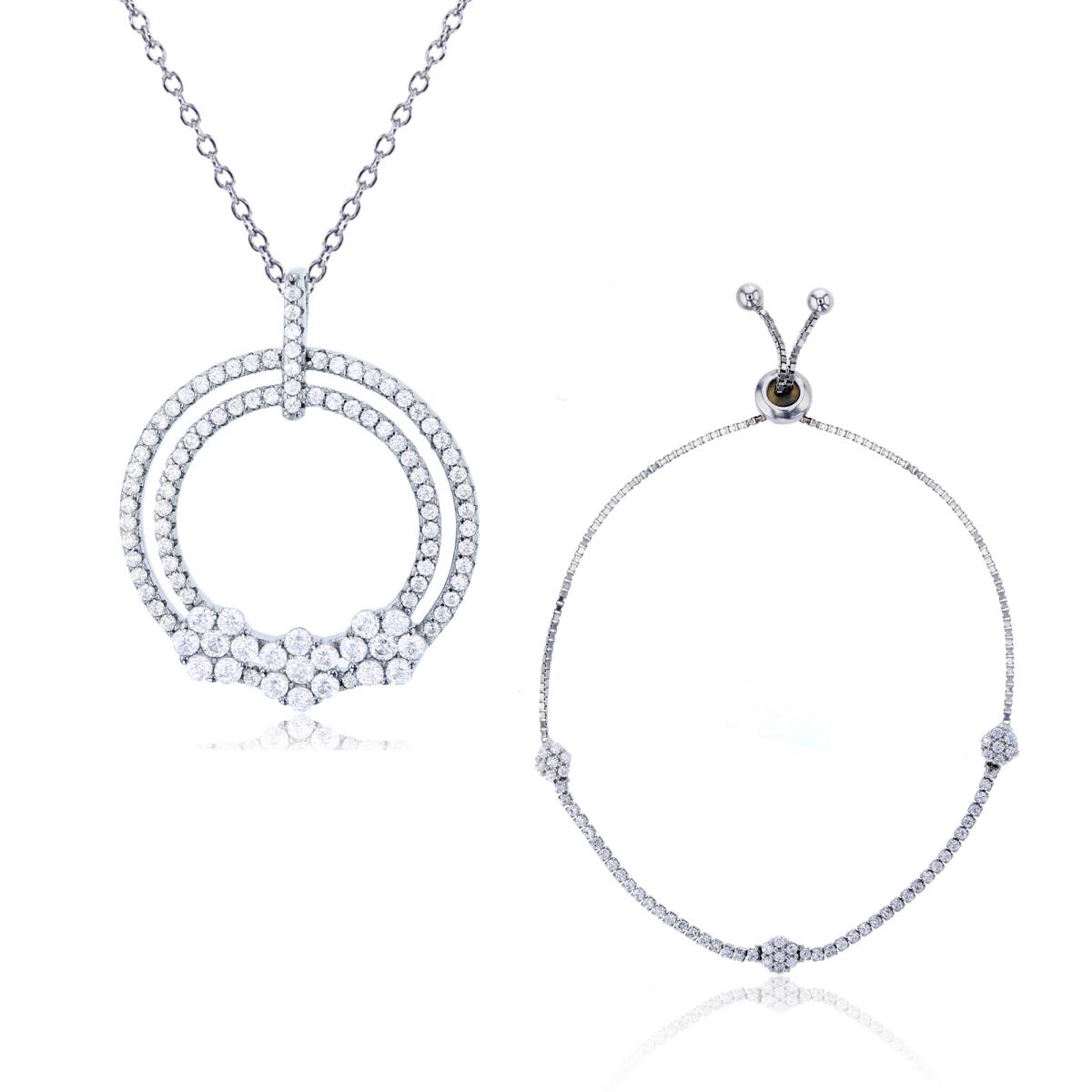 Sterling Silver Rhodium Rnd CZ Double Open Circles 18" Necklace & Flowers Adjustable Bracelet Set