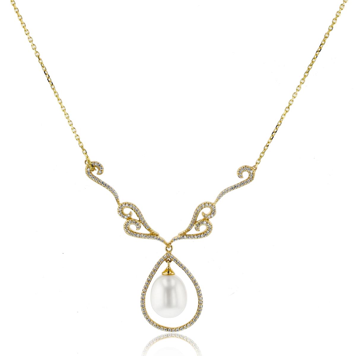 14K Yellow Gold Rnd CZ & 11x9mm TD White Pearl Vintage with PS-drop18"Necklace