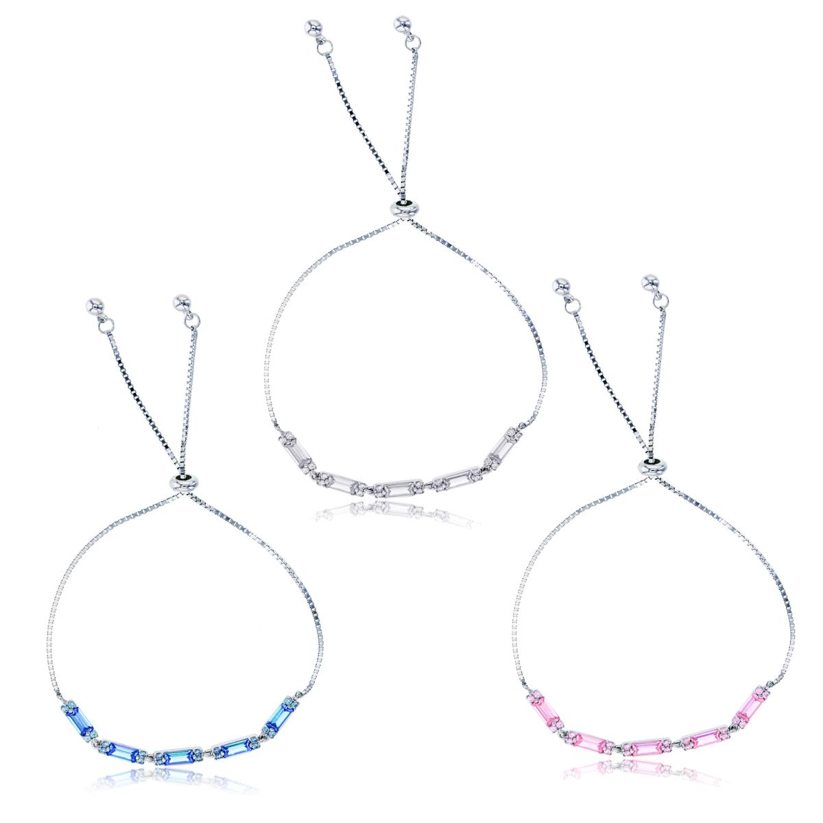 Sterling Silver Rhodium SB & Rnd Blue Spinel, White & Pink CZ Adjustable Bracelet Set