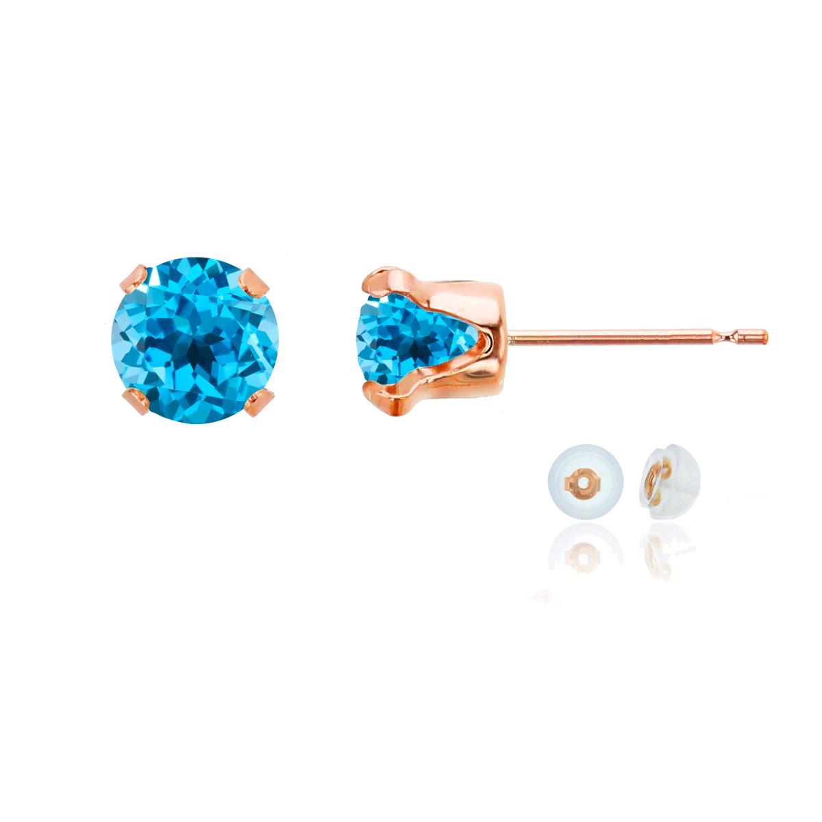 14K Rose Gold 6mm Round Swiss Blue Topaz Stud Earring with Silicone Back