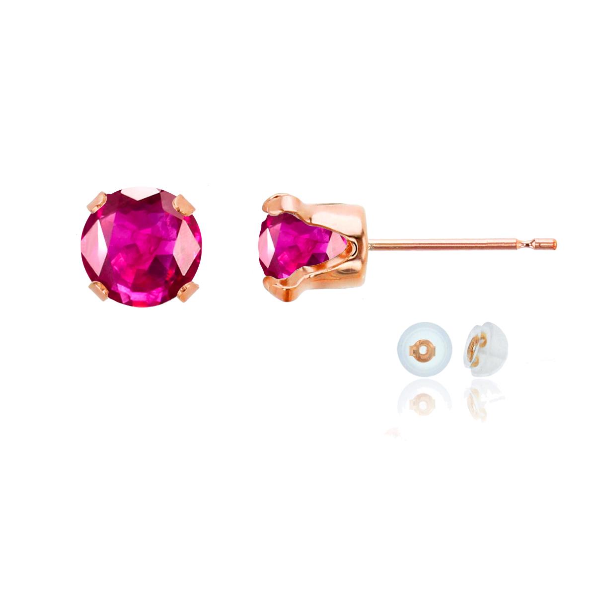 14K Rose Gold 6mm Round Glass Filled Ruby Stud Earring with Silicone Back