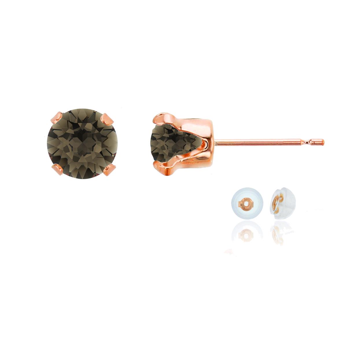 14K Rose Gold 6mm Round Smokey Quartz Stud Earring with Silicone Back