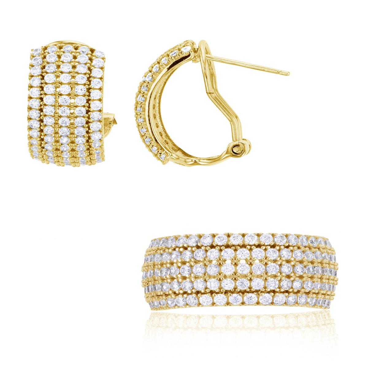 Sterling Silver Yellow 1-Micron 5-Row Micropave CZ Fashion Ring & Omega-Back Earring Set 