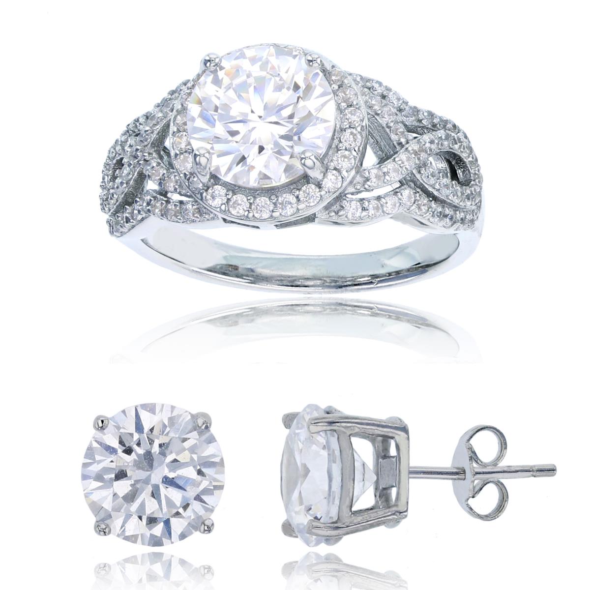 Sterling Silver Rhodium CZ 8mm Rnd Center & Infinity Sides Ring & 8mm Rd Solitaire Stud Earring Set